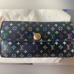 Authentic Louis Vuitton black Murakami Sarah Wallet multicolor rare limited